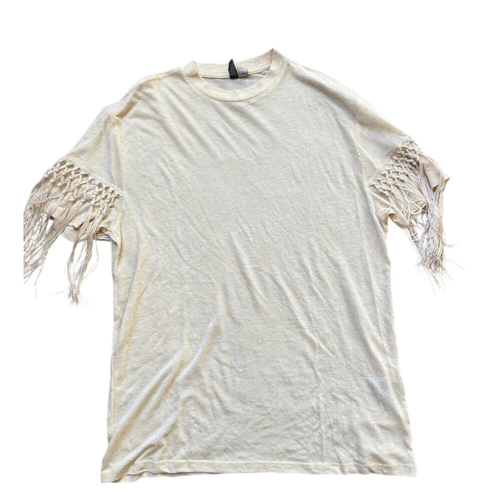 ASOS Fringe T Shirt Macrame Sleeve Boho Modern Womens Size Medium Cream Beige